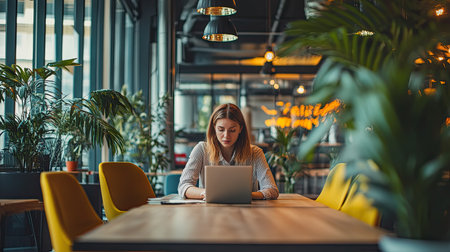 business woman working in a trendy coworking space, engaged in a discussion with fellow entrepreneurs around a large tableの素材