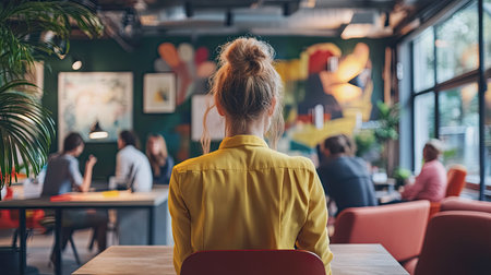 business woman brainstorming business strategies in a coworking space, surrounded by modern furniture and a collaborative teamの素材