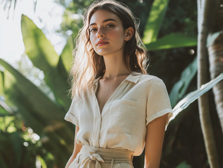 A sustainable fashion shoot featuring eco-friendly fabrics and minimalist designs in a bright, natural settingの素材