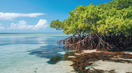 mangrove trees growing along a coastal area, with their exposed roots creating a natural habitat for fish and birdsの素材