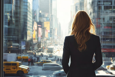 business woman in a sharp suit, standing in front of a large window overlooking a busy city streetの素材
