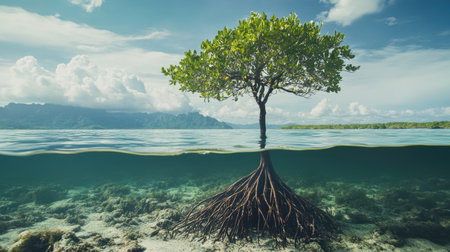 mangrove tree growing in a coastal wetland, with its roots submerged in water, surrounded by rich biodiversity and a calm seaの素材