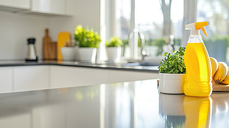 chemical-free cleaning products in a bright, modern kitchen, promoting cleanliness and healthの素材