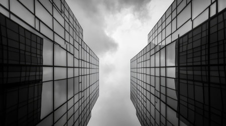 buildings with contemporary design, sleek lines, and minimalist architecture, framed against a cloudy skyの素材