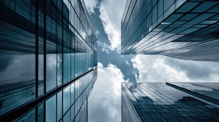 buildings with contemporary design, sleek lines, and minimalist architecture, framed against a cloudy skyの素材