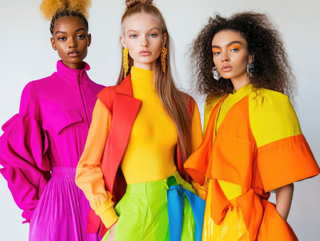 The latest fashion trends showcased by models wearing bold, colorful outfits in a modern studioの素材