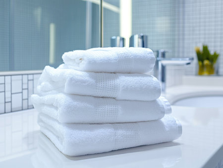 clean bathroom with fresh towels and spotless surfaces, ensuring hygiene and cleanliness for everyday useの素材