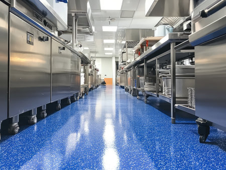 antimicrobial surfaces in a commercial kitchen, ensuring cleanliness and protection from harmful bacteriaの素材