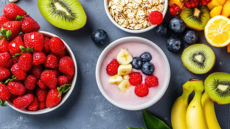 healthy breakfast with fresh fruits, oats, and yogurt, emphasizing the importance of nutrition for maintaining healthの素材