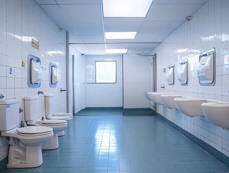 clean public restroom with properly sanitized surfaces and stocked supplies, ensuring hygiene for public healthの素材
