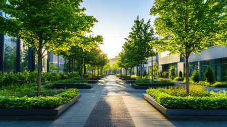 clean public outdoor space with neat walkways and trimmed trees, promoting cleanliness in urban environmentsの素材