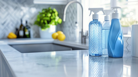 clean kitchen countertop with neatly arranged cleaning products, promoting cleanliness and a healthy home environmentの素材