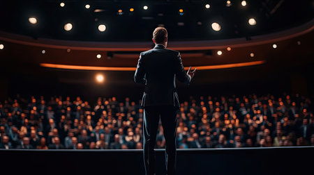 business leader standing in front of a large audience, giving a presentation on stage in a conference hallの素材