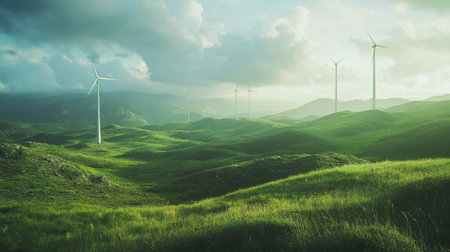 clean energy wind turbines in a green landscape, symbolizing the importance of cleanliness in energy productionの素材
