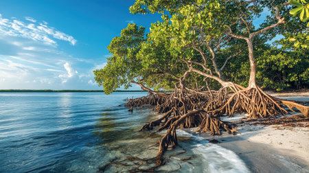 mangrove trees growing along a coastal area, with their exposed roots creating a natural habitat for fish and birdsの素材