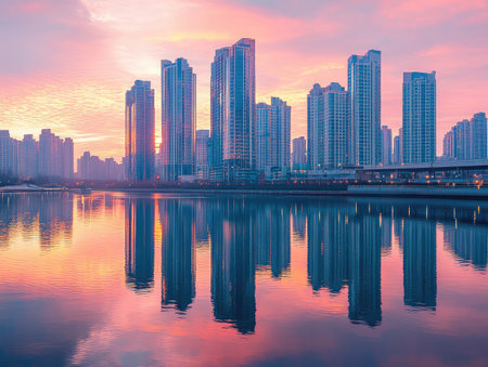 modern high-rise buildings reflected in a calm river at sunset, creating a serene urban landscapeの素材