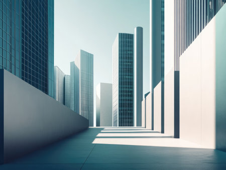buildings with sleek, minimalist designs, standing in a row under the bright afternoon sun in a quiet downtown areaの素材