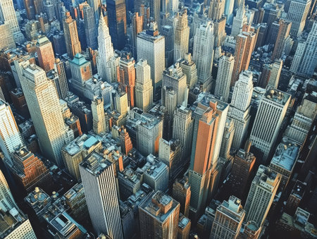 large skyscrapers seen from an aerial view, forming the dense urban core of a modern city with no people visibleの素材