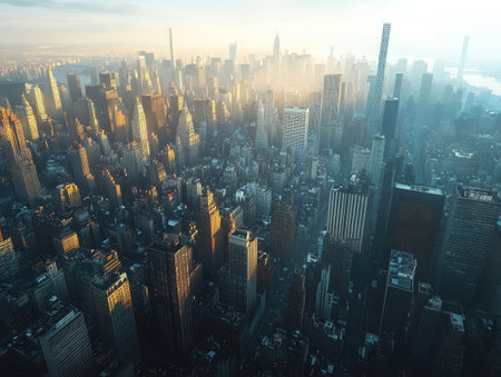 aerial view of a sprawling cityscape, with modern buildings and no people in sight, stretching toward the horizonの素材
