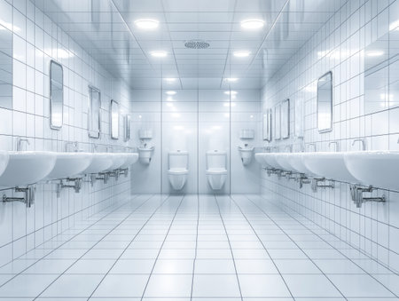 clean public restroom with all surfaces disinfected, ensuring hygiene and virus protection for public healthの素材