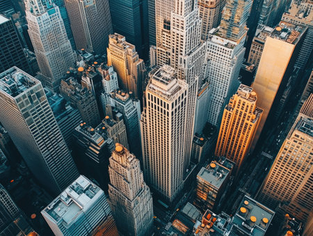 large skyscrapers seen from an aerial view, forming the dense urban core of a modern city with no people visibleの素材