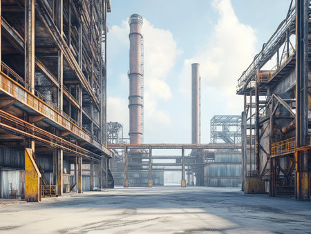 industrial buildings with large metal frameworks and smokestacks, standing quietly in an empty urban areaの素材