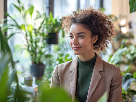 business woman brainstorming sustainability initiatives with colleagues in a bright office filled with plants and eco-friendly decorの素材