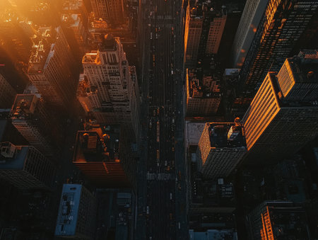 aerial shot of a city at sunset, with modern skyscrapers casting long shadows across the empty streets belowの素材