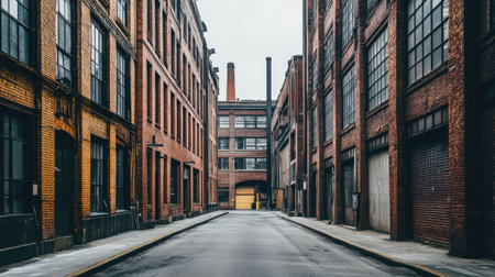 industrial-style buildings with steel and brick exteriors, captured from street level with no human activity aroundの素材