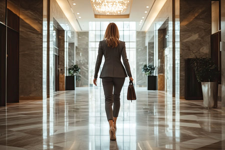 businesswoman in a sleek business suit, walking through a corporate lobby with a briefcase in handの素材