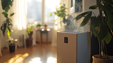 clean indoor space with an air purifier in the corner, promoting good air quality and overall cleanlinessの素材