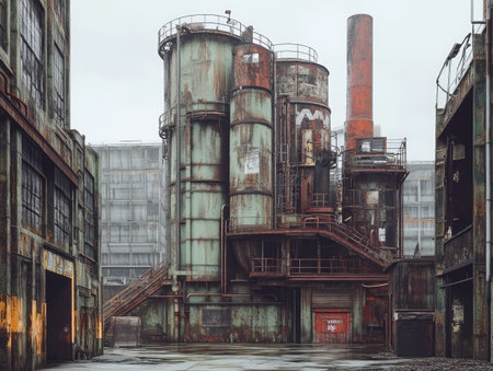 industrial-style buildings with rugged designs, standing in a quiet urban area with no human presenceの素材