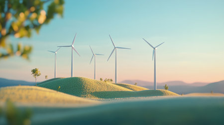 clean energy wind turbines in a pollution-free landscape, symbolizing the importance of cleanliness in energy productionの素材