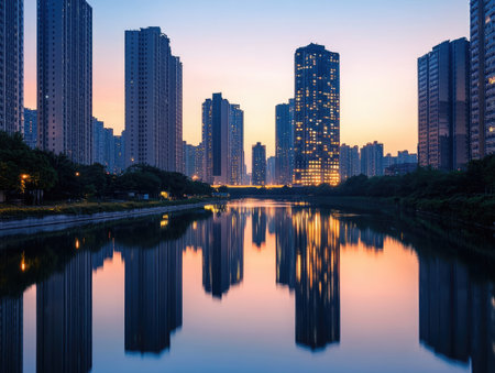 modern high-rise buildings reflected in a calm river at sunset, creating a serene urban landscapeの素材