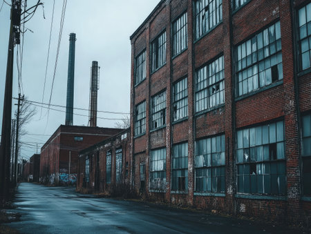 old industrial buildings in a quiet part of town, with brick exteriors and large windows, standing under a grey skyの素材