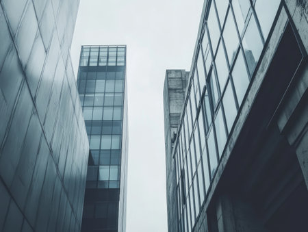modern industrial buildings with steel and glass exteriors, standing stark against the backdrop of an overcast skyの素材