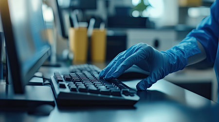 person wiping down a keyboard and desk in an office, focusing on cleanliness and virus protection in the workplaceの素材