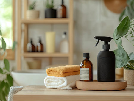 person practicing a zero-waste lifestyle by using refillable cleaning products, ensuring cleanliness and environmental careの素材