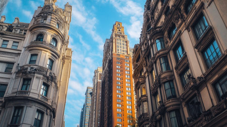 old, ornate buildings standing next to modern high-rises, showing the contrast of architectural styles in a cityの素材