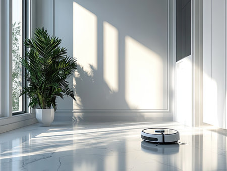 robot vacuuming a minimalist apartment, maintaining cleanliness and a clutter-free environmentの素材