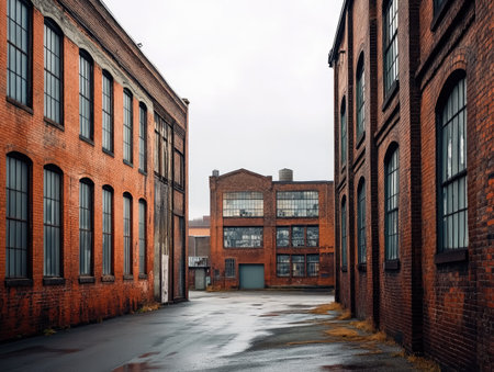 old industrial buildings in a quiet part of town, with brick exteriors and large windows, standing under a grey skyの素材