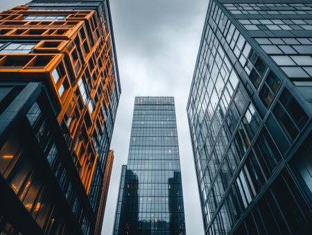 modern industrial buildings with steel and glass exteriors, standing stark against the backdrop of an overcast skyの素材