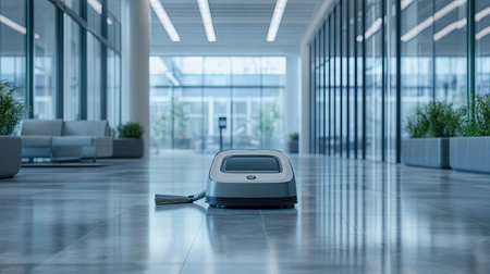 robotic cleaner sweeping a large office floor, maintaining cleanliness in a professional workspaceの素材