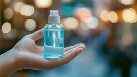 person disinfecting their hands with a sanitizer bottle, focusing on cleanliness and virus protectionの素材