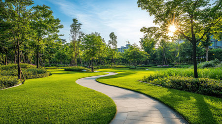 outdoor space with neatly trimmed grass and clean pathways, showing cleanliness in public parks and green areasの素材