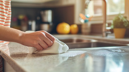 person using disinfectant wipes to sanitize a kitchen counter, ensuring cleanliness and food safetyの素材