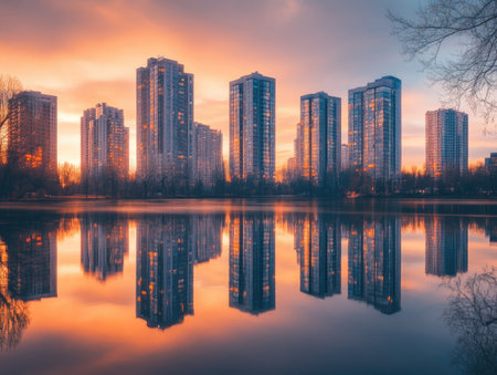 tall buildings casting reflections in a calm urban lake, captured at sunset with no people aroundの素材