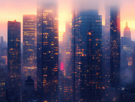 skyscrapers standing tall in a cityscape at dawn, with the first light of the day reflecting off their glass facadesの素材