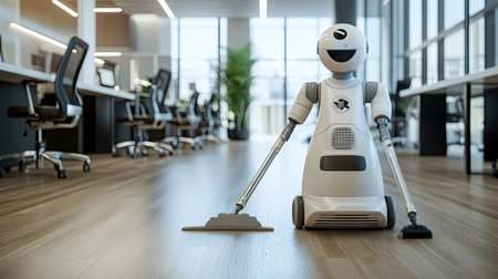 robot cleaning an office space, maintaining cleanliness and efficiency in a modern workplaceの素材
