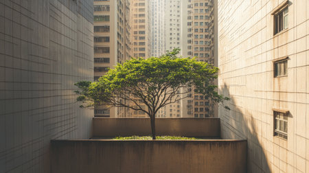 tree growing in the middle of an urban environment, surrounded by tall buildings and concrete, providing a touch of nature in the cityの素材